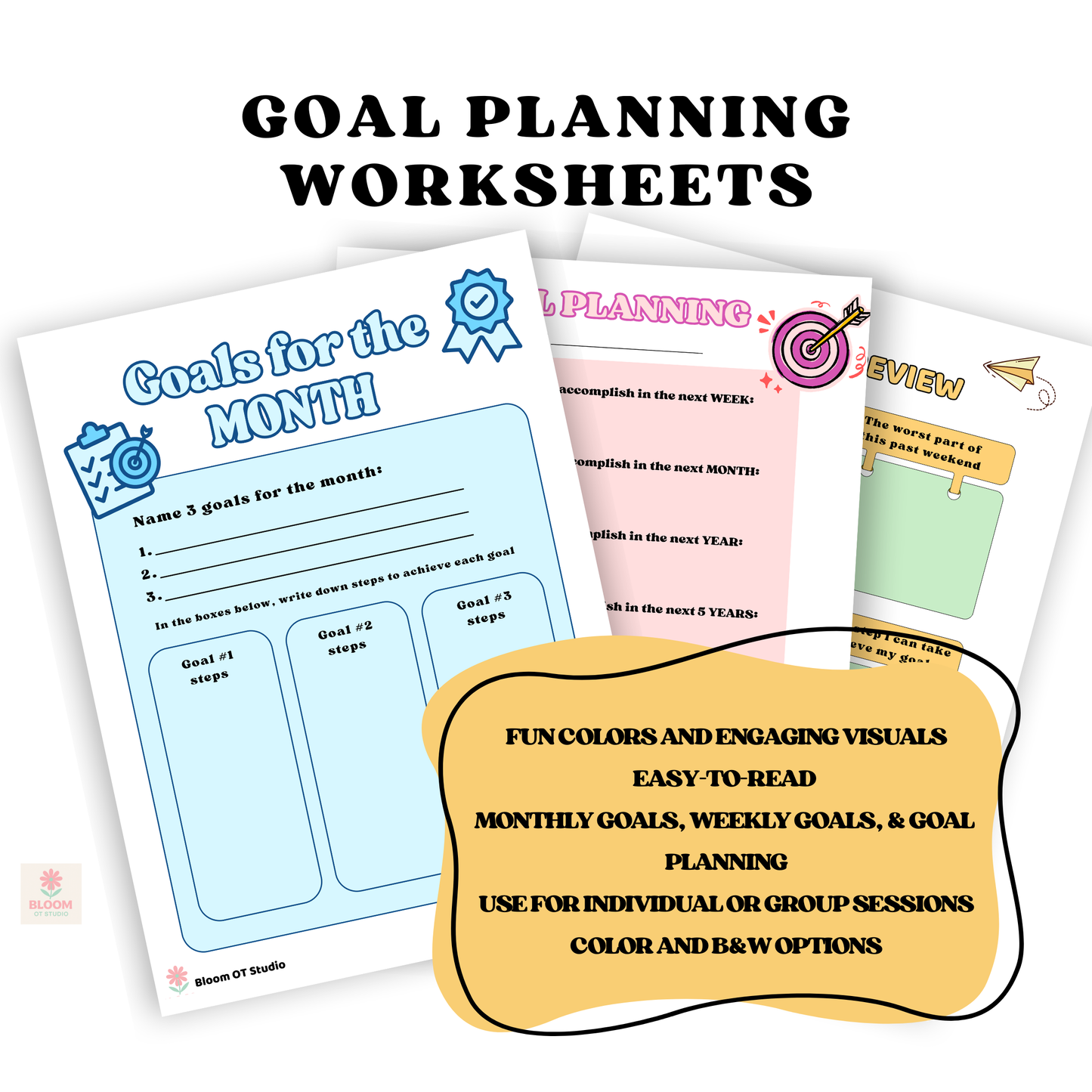 Printable Goal Planning Worksheets | Mental Health & OT Tools | Weekly, Monthly, Long-Term Goal Setting for Teens and Adults | PDF Download